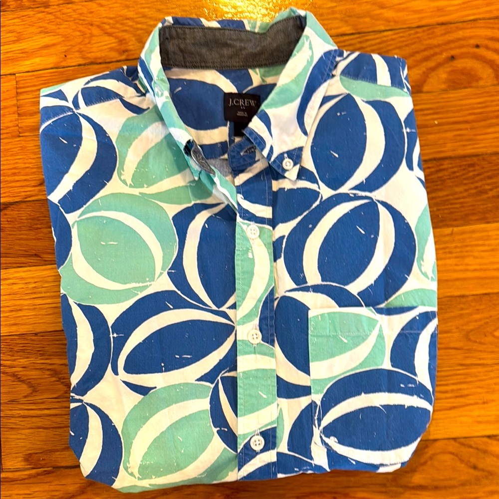 J. Crew Blue and Green Casual Short Sleeve Button Down Shirt - Small